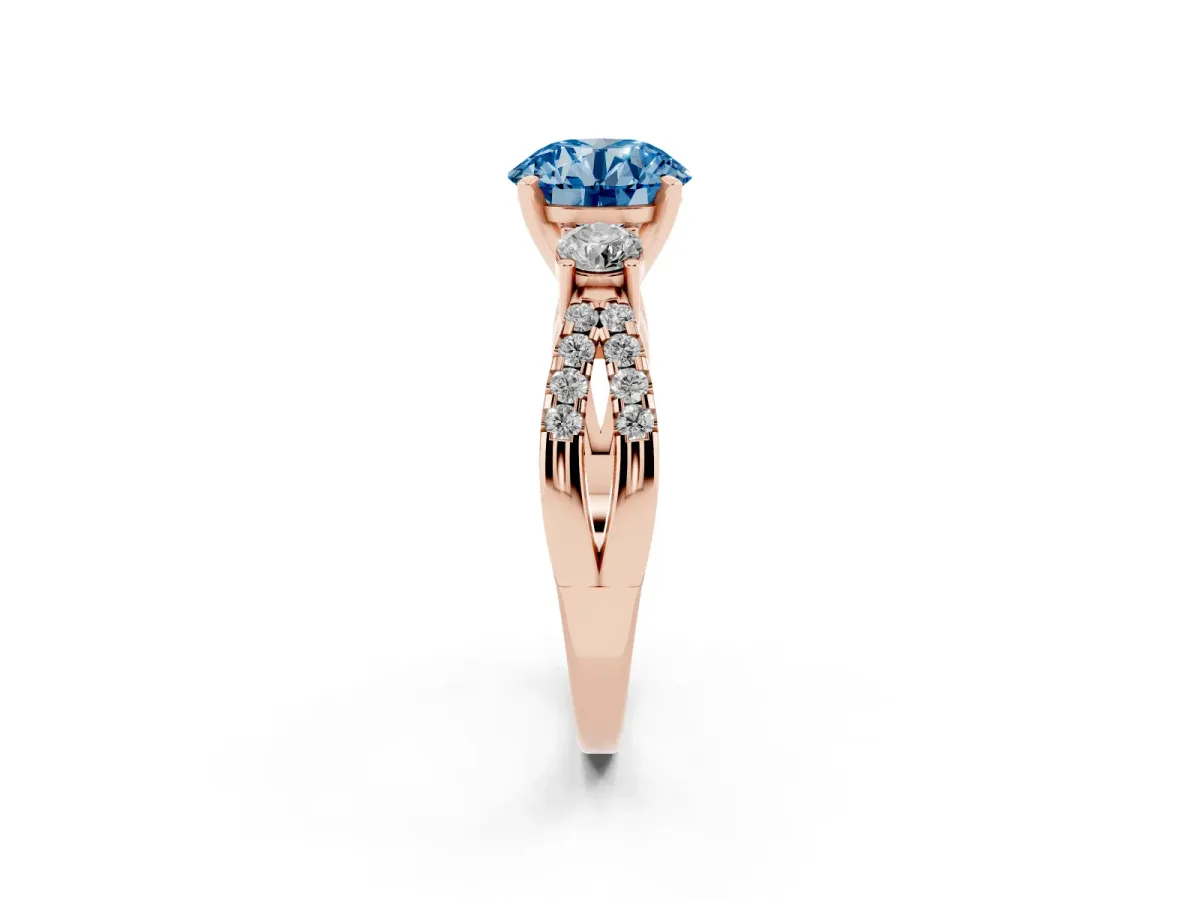 Fancy Blue Round Cut Diamond Three-Stone Ring with Pavé Split Shank and Four-Prong Setting Rose gold