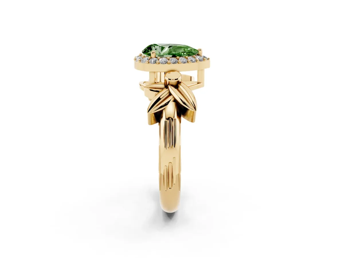 Fancy Green Pear Cut Halo Diamond Floral Band with Four-Prong Setting Yellow gold
