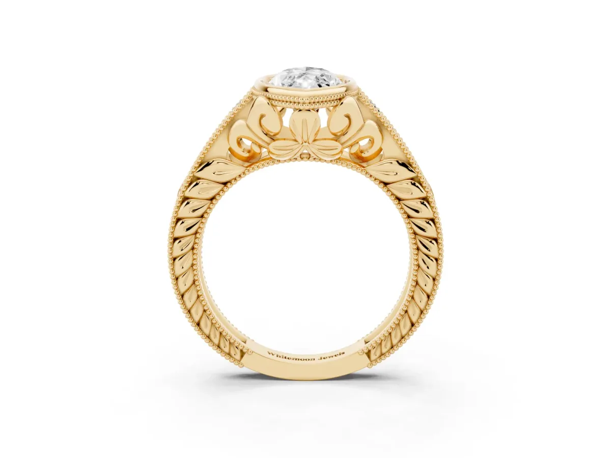Bezel Set Marquise Cut Diamond Milgrain Pave Engagement Ring Yellow gold