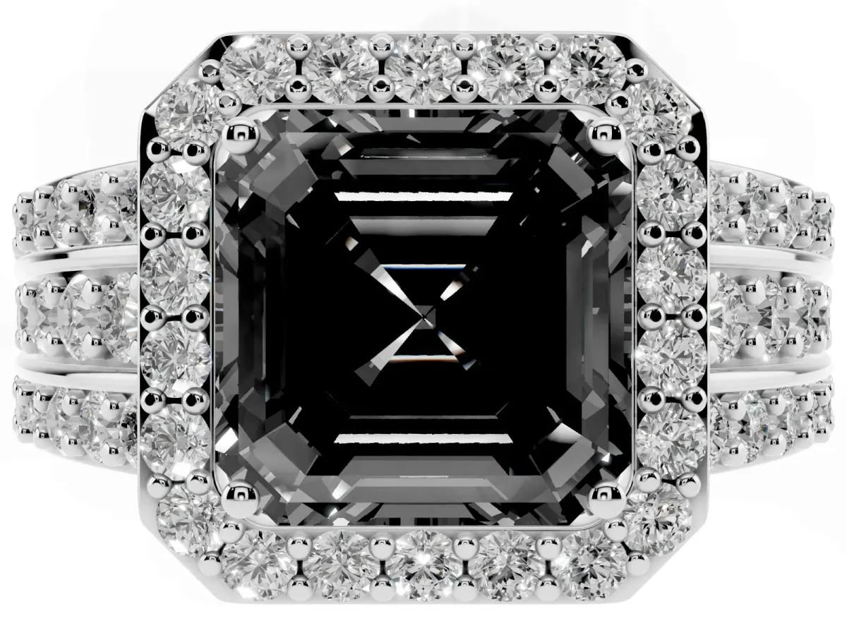 Fancy Black Asscher Cut Halo Diamond Ring with Round Split Shank and Prong Setting Platinum
