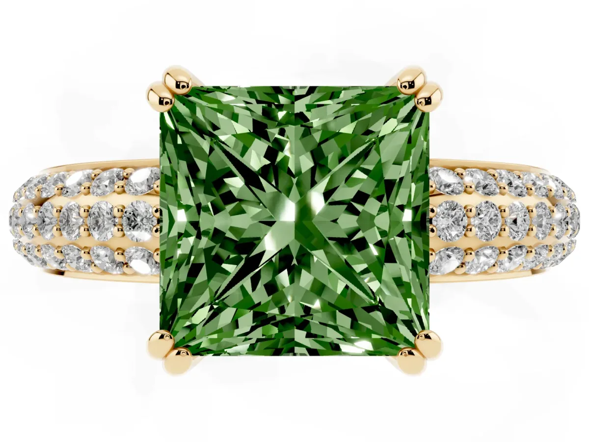Fancy Green Princess Cut Diamond Solitaire Ring with Multi-Row Round Pavé Band and Prong Setting Yellow gold