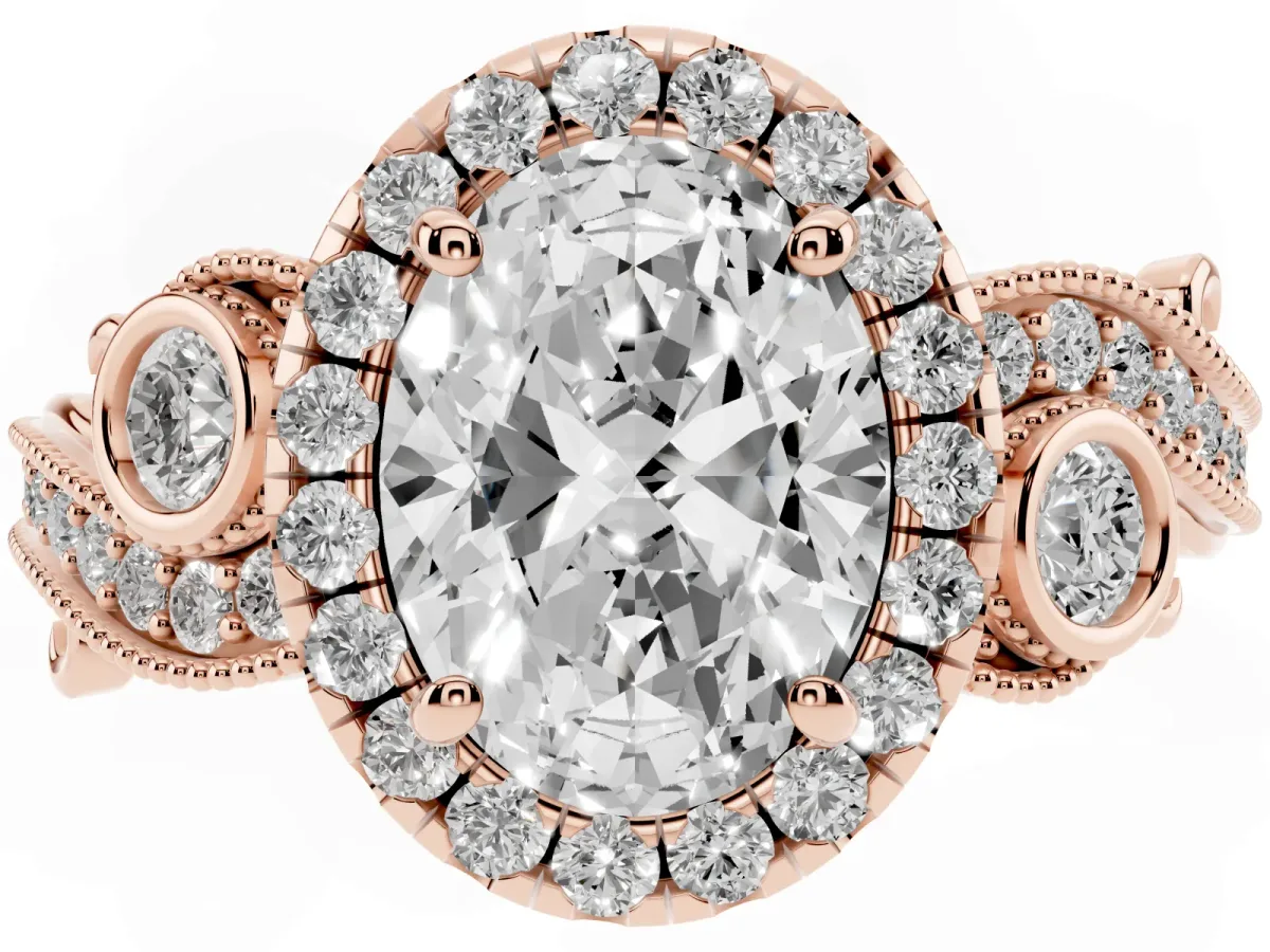 Oval Cut Diamond Halo Ring with Milgrain Pavé Band and Four-Prong Setting Rose gold