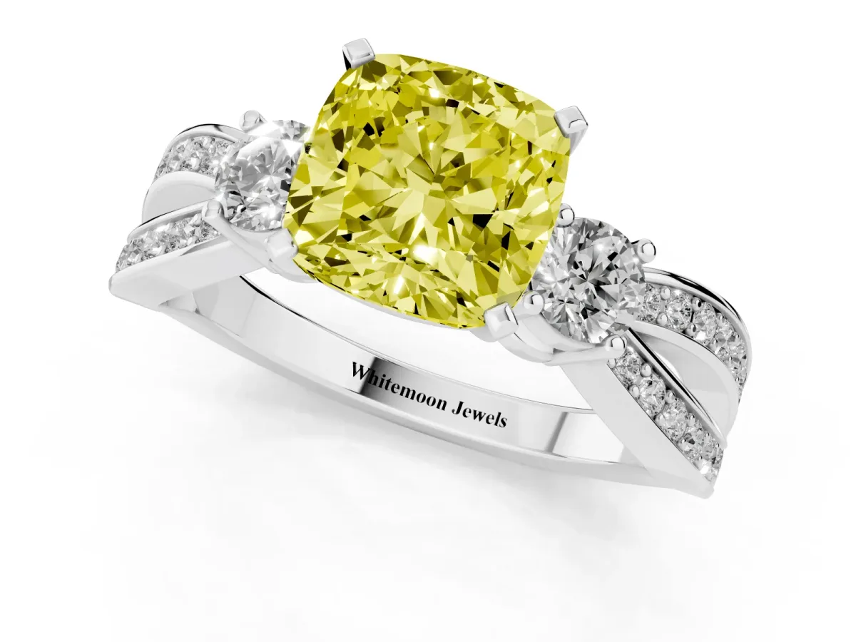 Fancy Yellow Three-Stone Cushion Cut Cut Diamond Twist Band with Prong Setting Silver