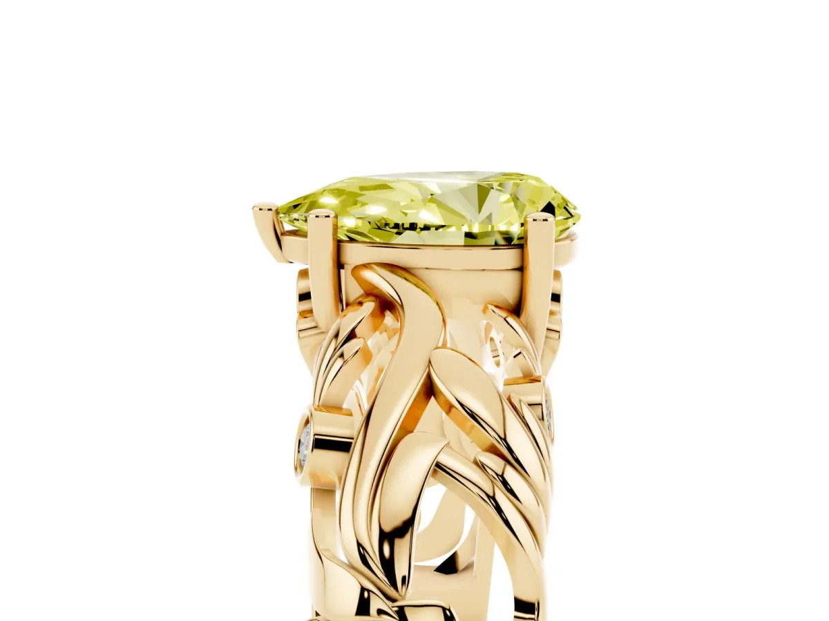 Fancy Yellow Pear Cut Solitaire Diamond Leaf-Inspired Vine Band Ring with Prong Setting Yellow gold