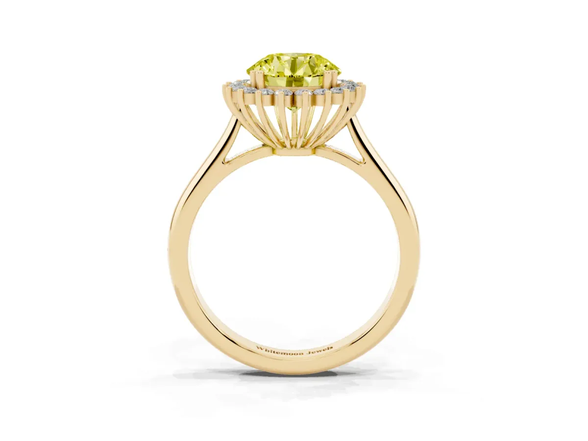 Fancy Yellow Round Cut Cut Diamond Halo Ring with Solitaire Band and Prong Setting Yellow gold