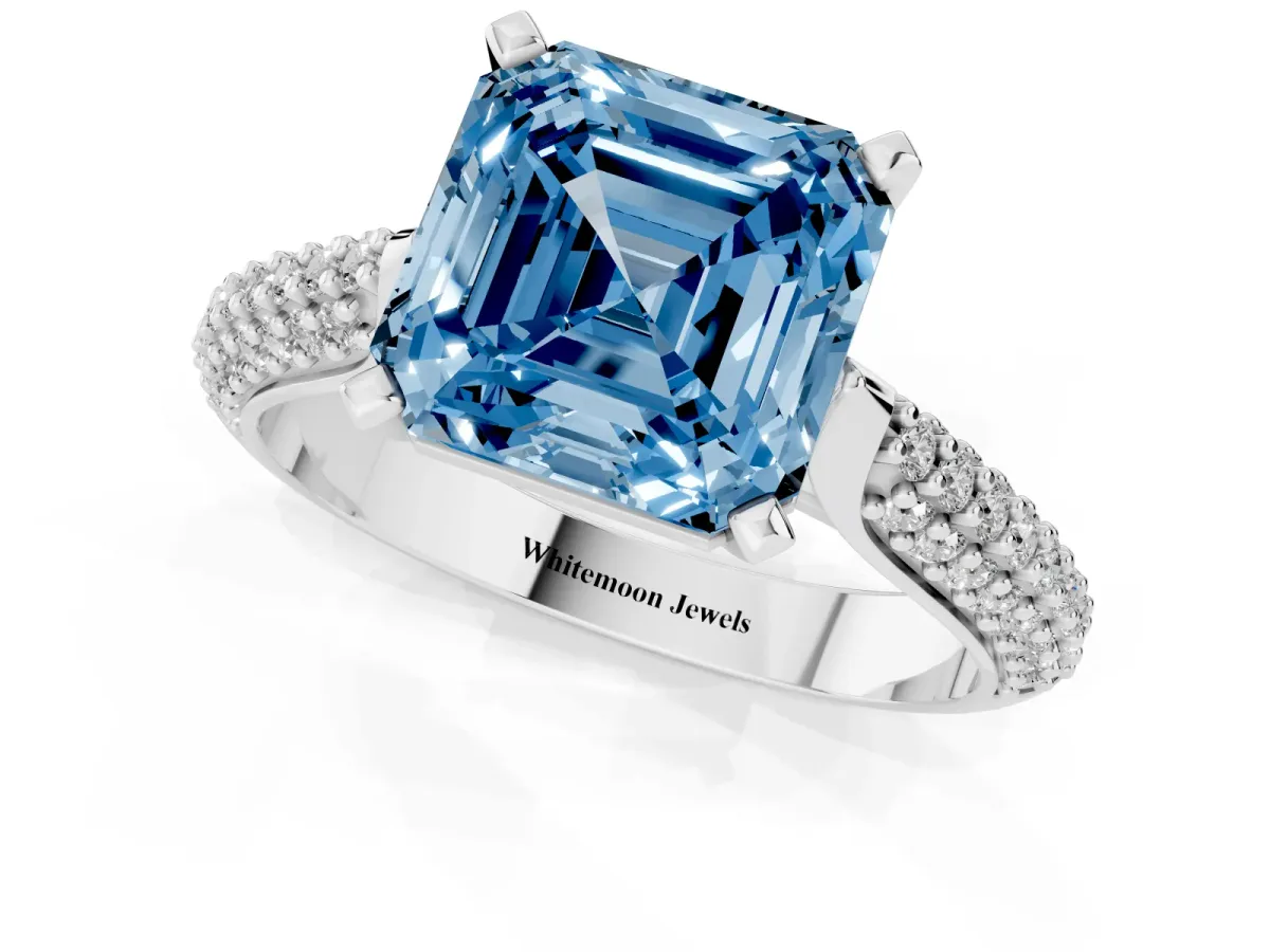 Fancy Blue Asscher Cut Diamond Solitaire Engagement Ring with Multi-Row Round Pavé Band and Prong Setting Silver