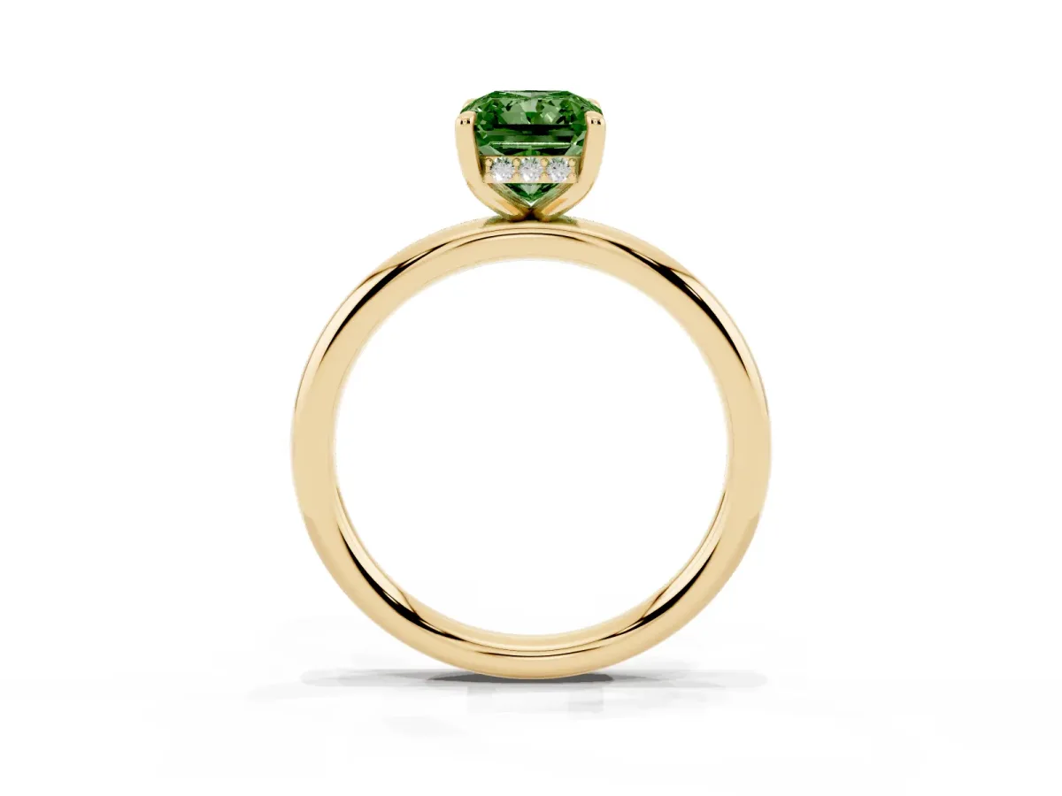 Fancy Green Radiant Cut Diamond Solitaire Ring with Thin Band and Four-Prong Setting Yellow gold