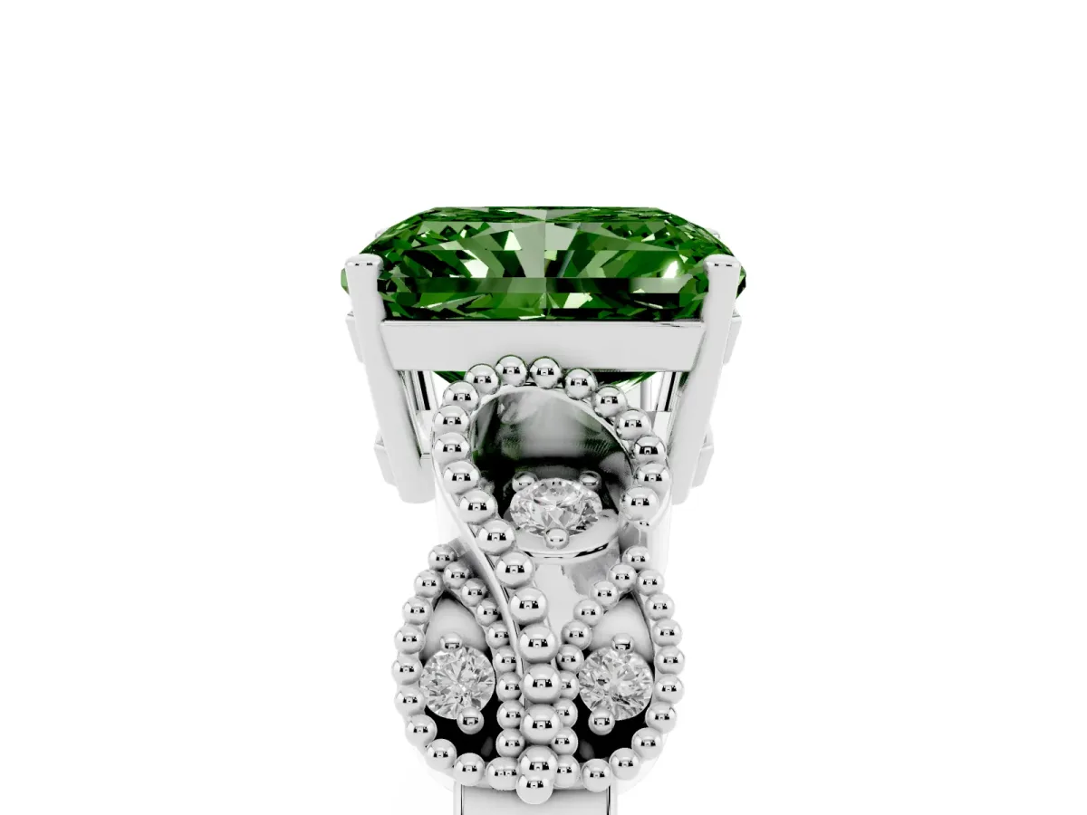 Fancy Green Princess Cut Solitaire Milgrain Leaf Band with Prong Setting Silver