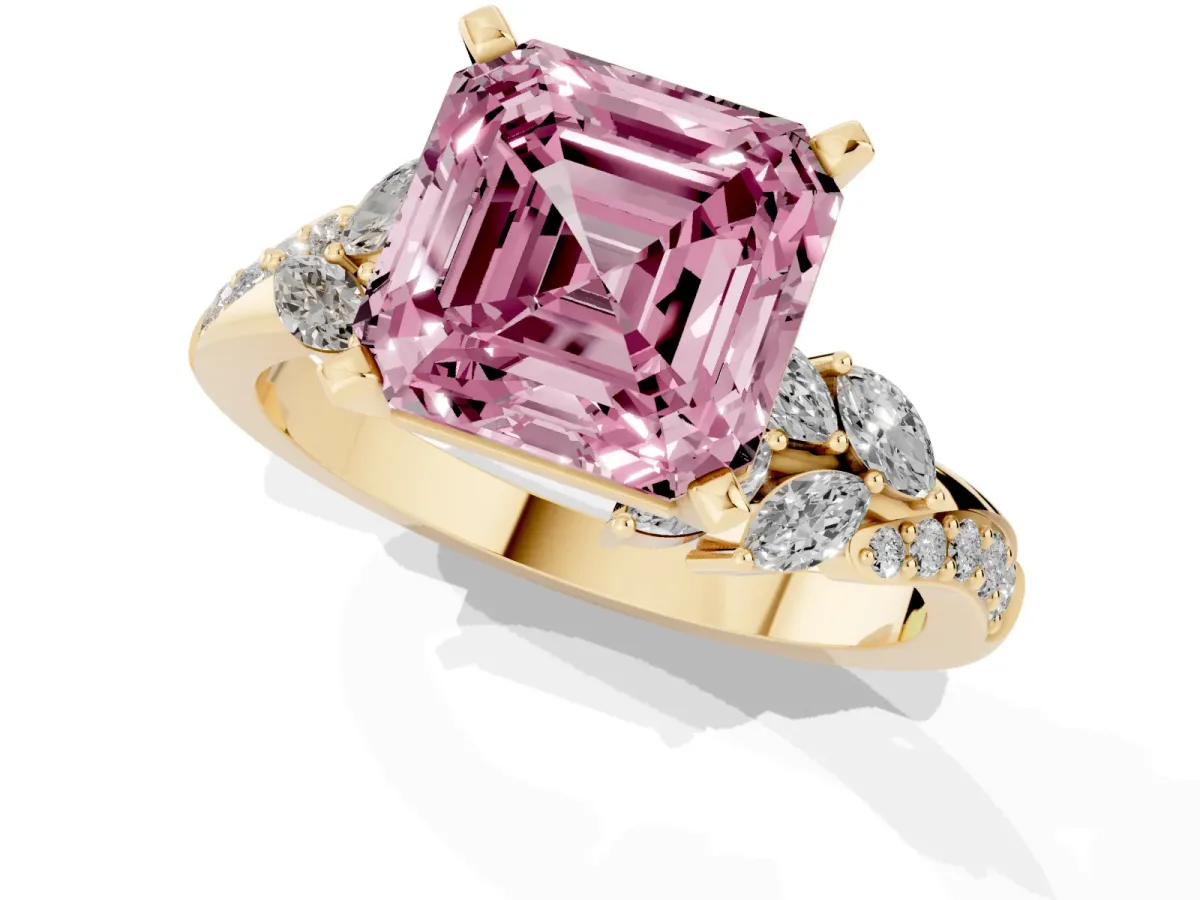 Fancy Pink Asscher Cut Solitaire Marquise Twist Band with Six-Prong Setting Yellow gold