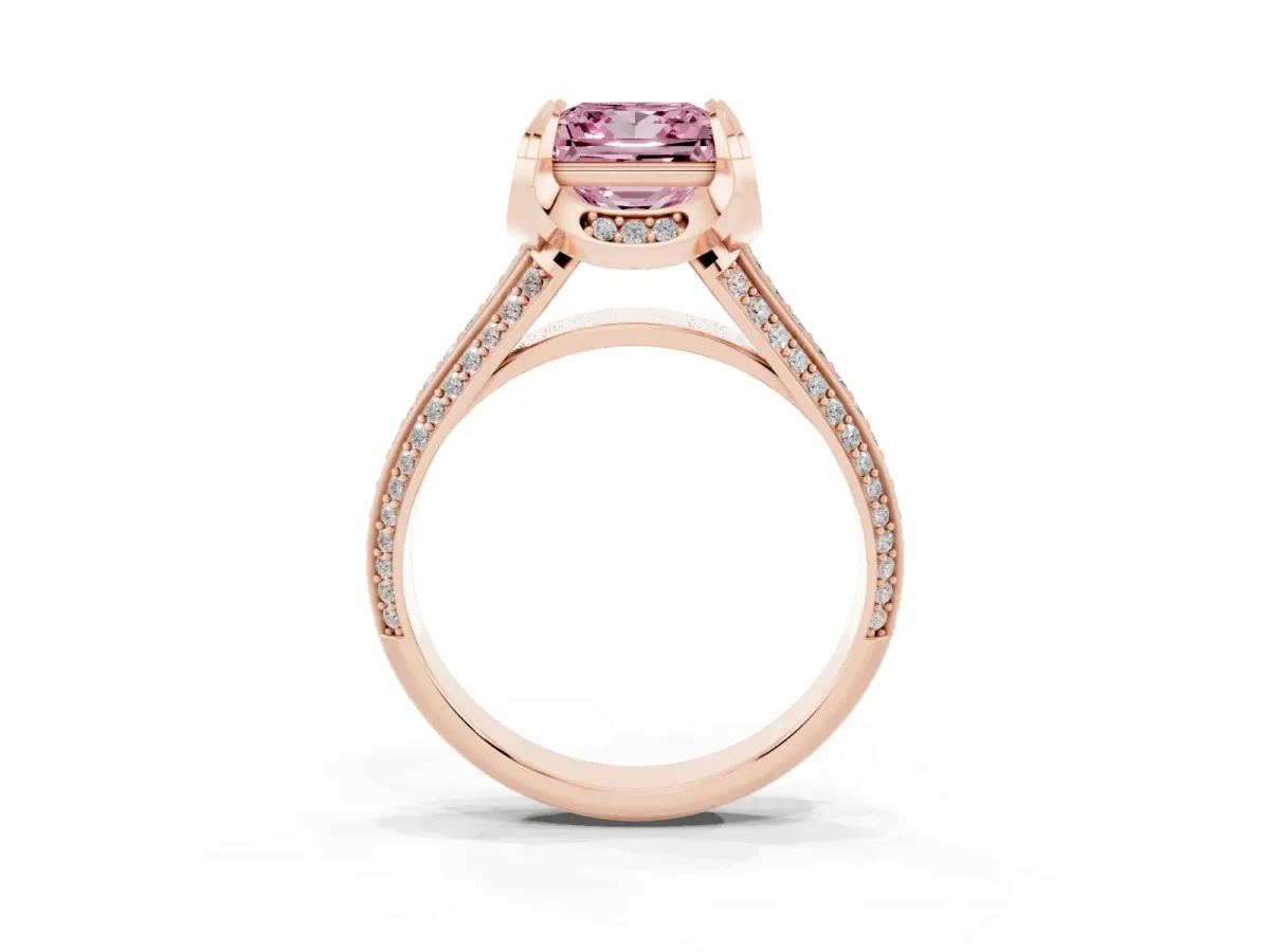 Fancy Pink Princess Cut Solitaire Pave Split Shank Ring with Four-Prong Setting Rose gold