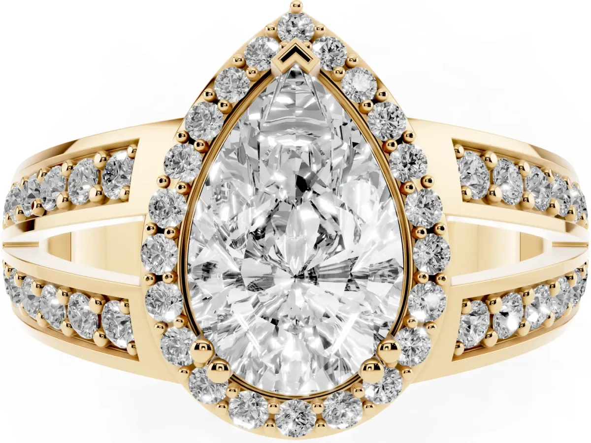 Pear Cut Diamond Halo Ring with Split Shank Pavé Band and Four-Prong Setting Yellow gold