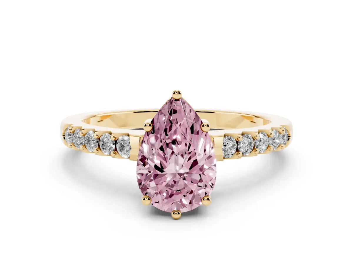 Fancy Pink Pear Cut Solitaire Diamond Engagement Ring with Pavé Band and Six-Prong Setting Yellow gold