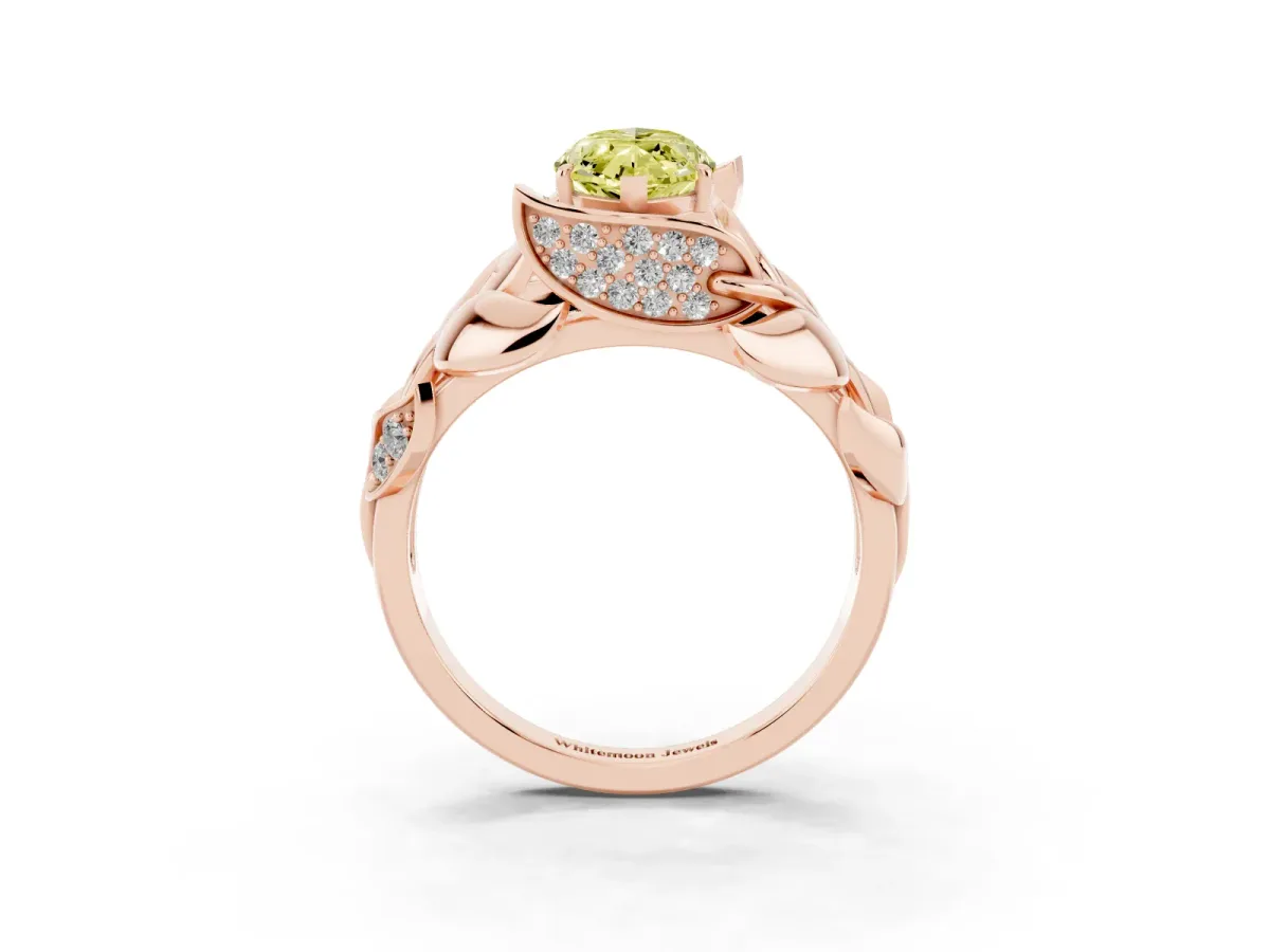 Fancy Yellow Marquise Cut Diamond Leaf-Inspired Engagement Ring with Round Accents and Prong Setting Rose gold