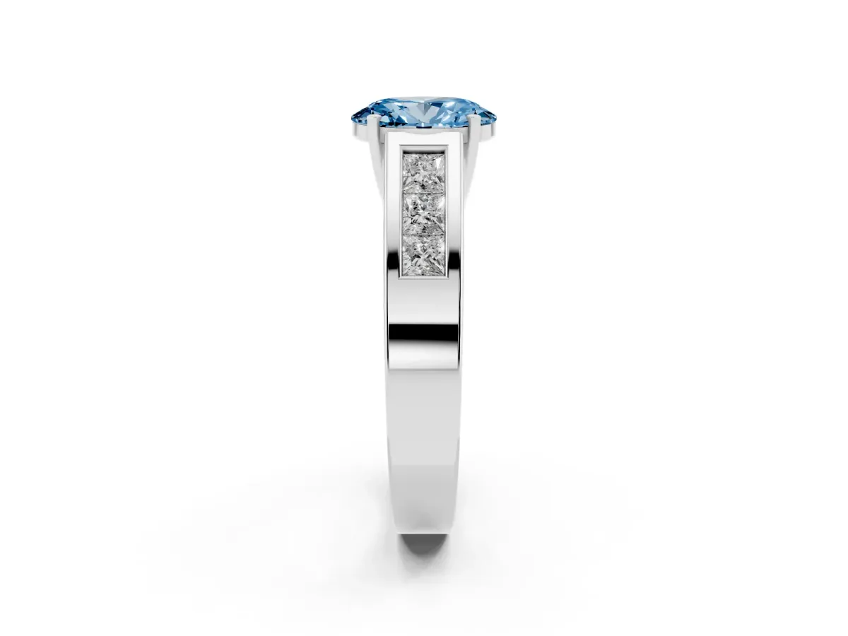 Fancy Blue Oval Cut Cut Channel Set Solitaire Ring with Four-Prong Setting White gold
