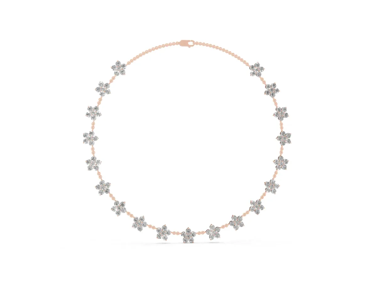 Round Diamond Floral Station Necklace with Diamond Accents Rose gold