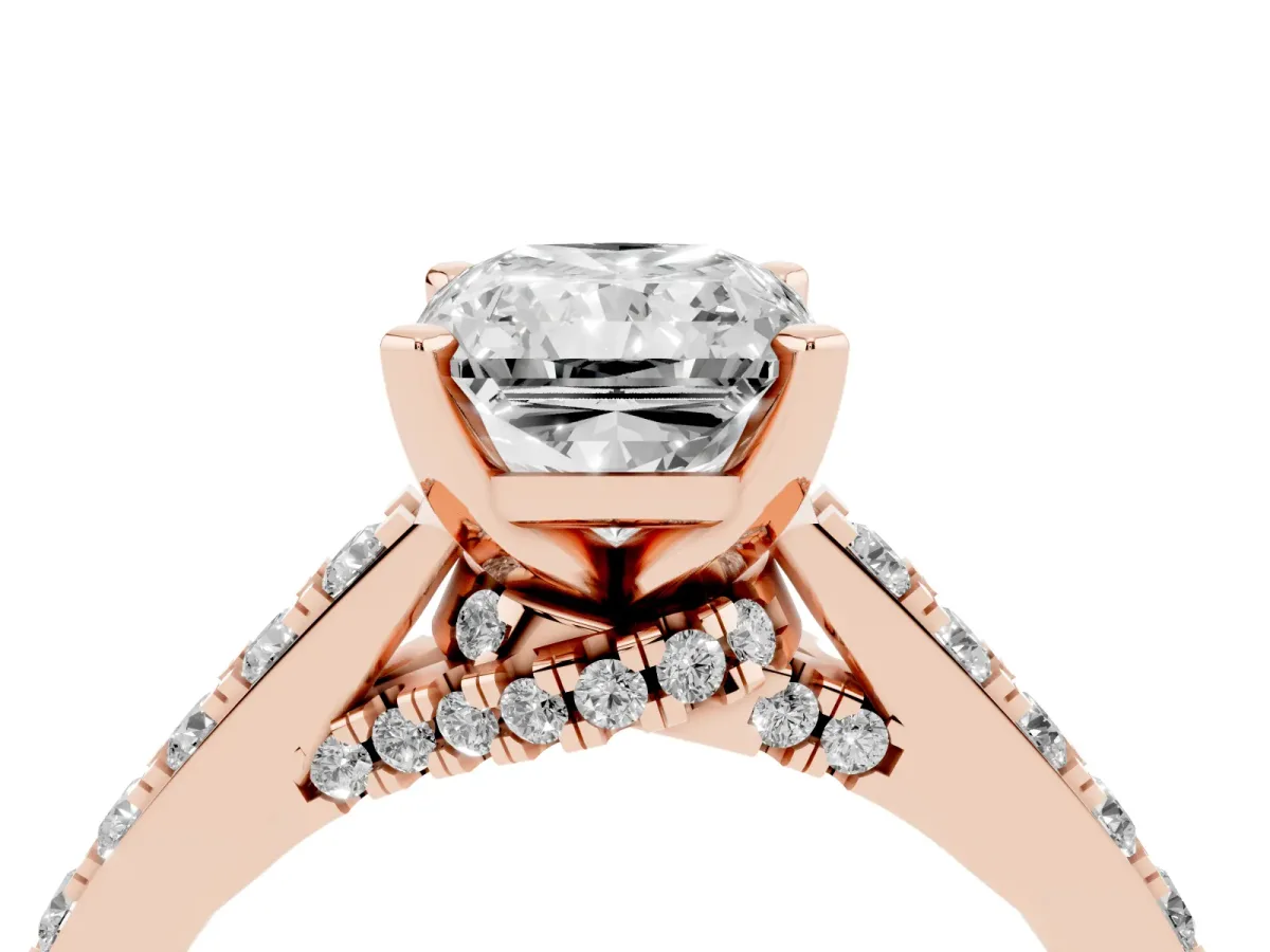 Radiant Cut Diamond Solitaire Ring with Crossover Gallery and Round Pavé Band Rose gold