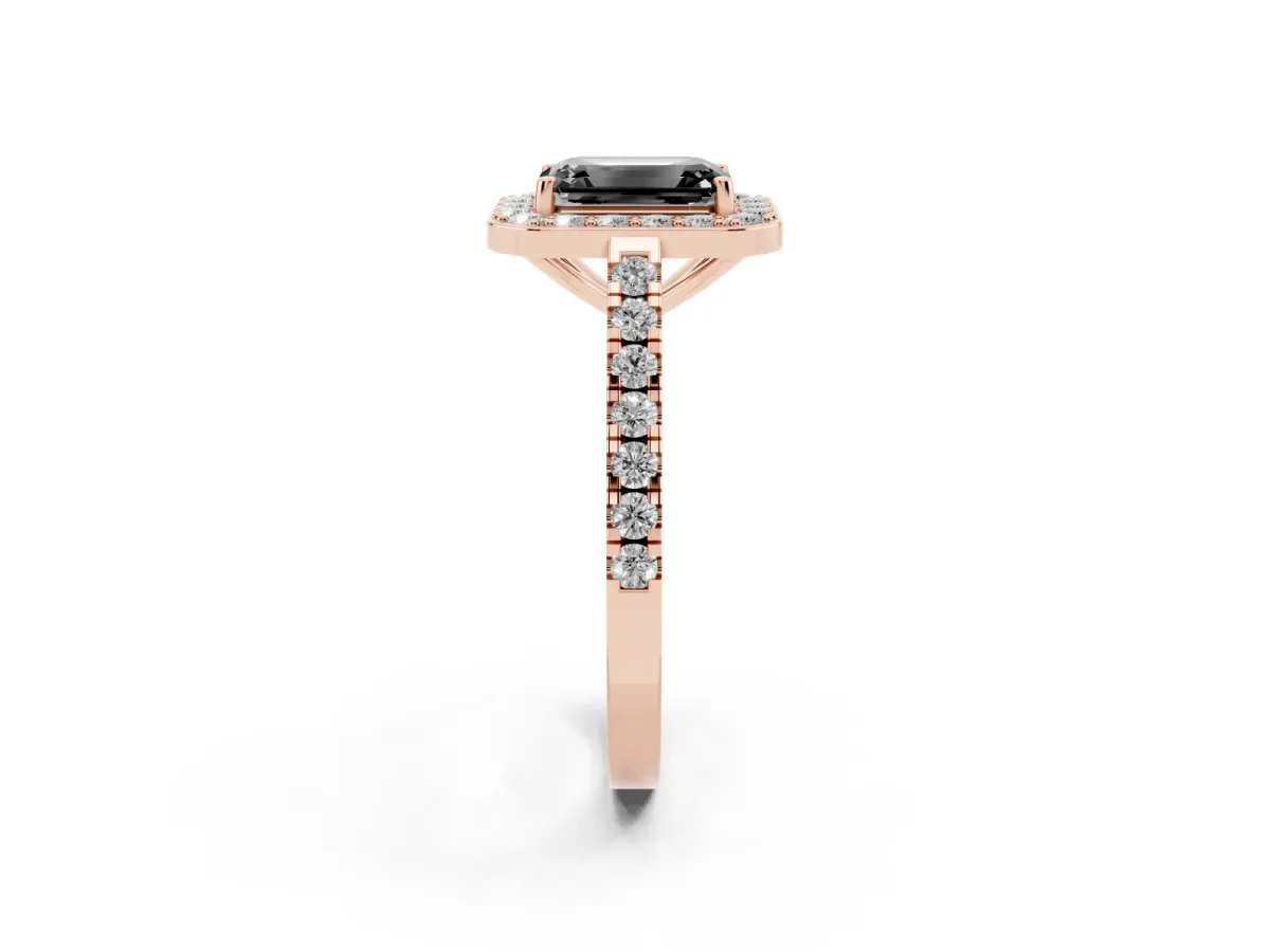 Fancy Black Emerald Cut Diamond Halo Ring with Round Pavé Split Shank and Prong Setting Rose gold