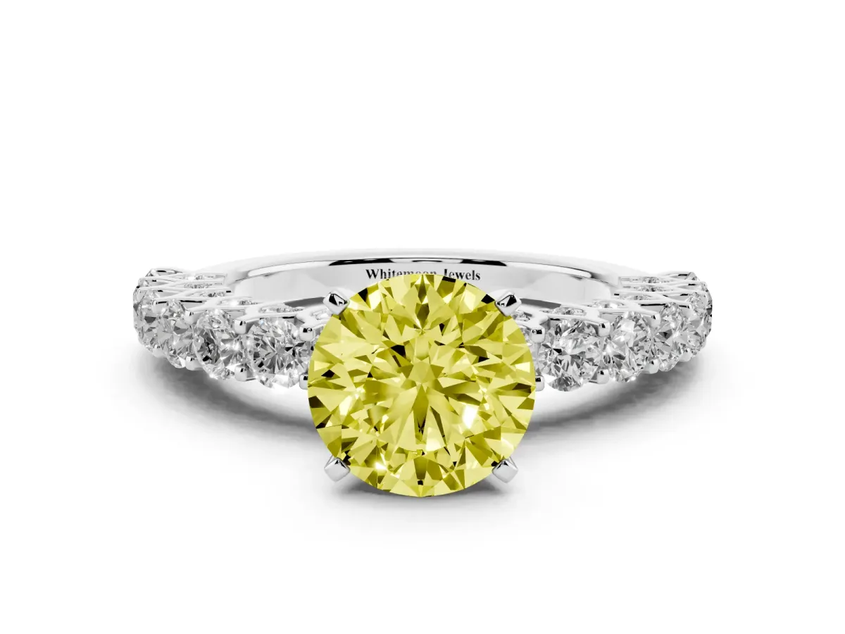Fancy Yellow Round Cut Diamond Solitaire Ring with Shared Prong Pavé Band and Four-Prong Setting Silver