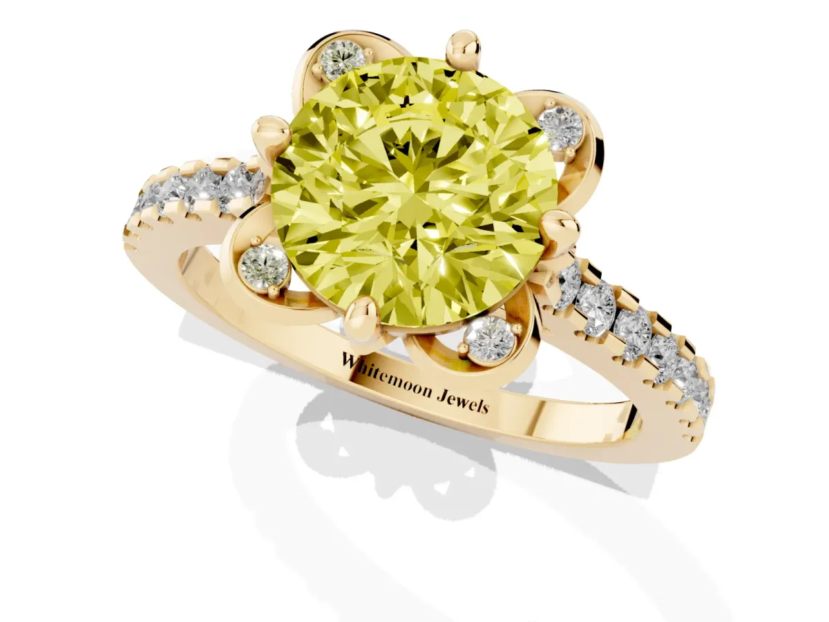 Fancy Yellow Round Cut Diamond Ring with Pavé Band and Floral Prong Setting Yellow gold