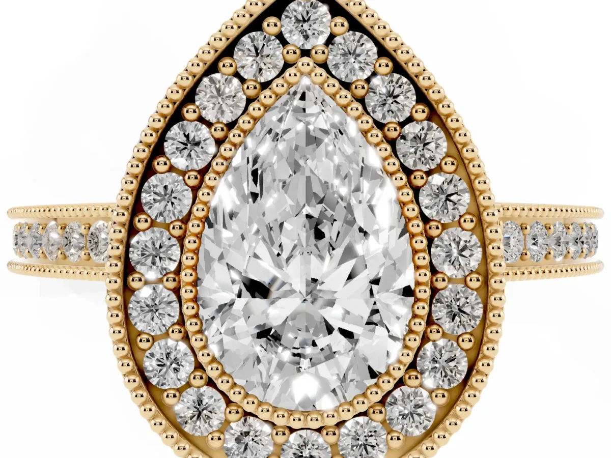 Pear Cut Cut Halo Diamond Ring with Pavé Band and Milgrain Prong Setting Yellow gold