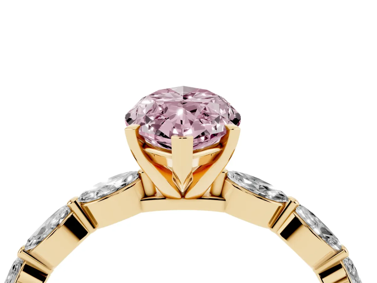 Fancy Pink Marquise Cut Diamond Ring with Marquise Side Stones and Prong Setting Yellow gold
