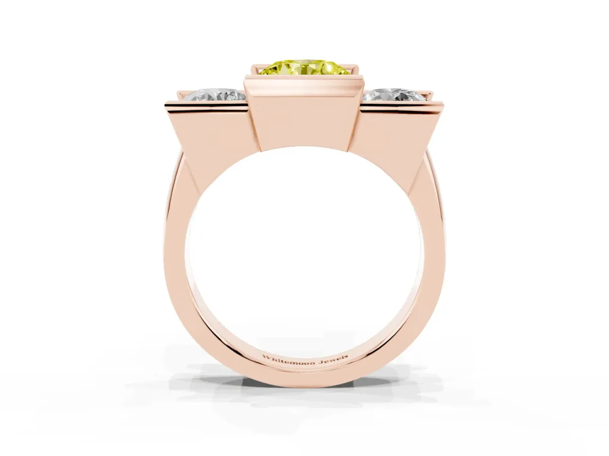 Fancy Yellow Three Stone Round Cut Cut Channel Set Diamond Ring Rose gold