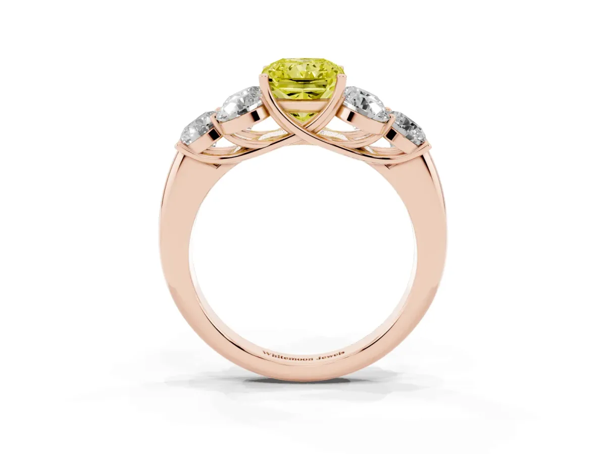 Fancy Yellow Radiant Cut Cut Diamond Cluster Ring with Round Accent Stones and Prong Setting on a Classic Band Rose gold
