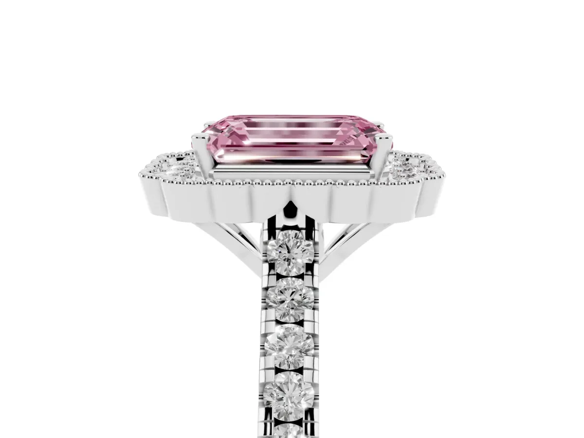 Fancy Pink Emerald Cut Cut Diamond Milgrain Floral Halo Engagement Ring with Pavé Band White gold