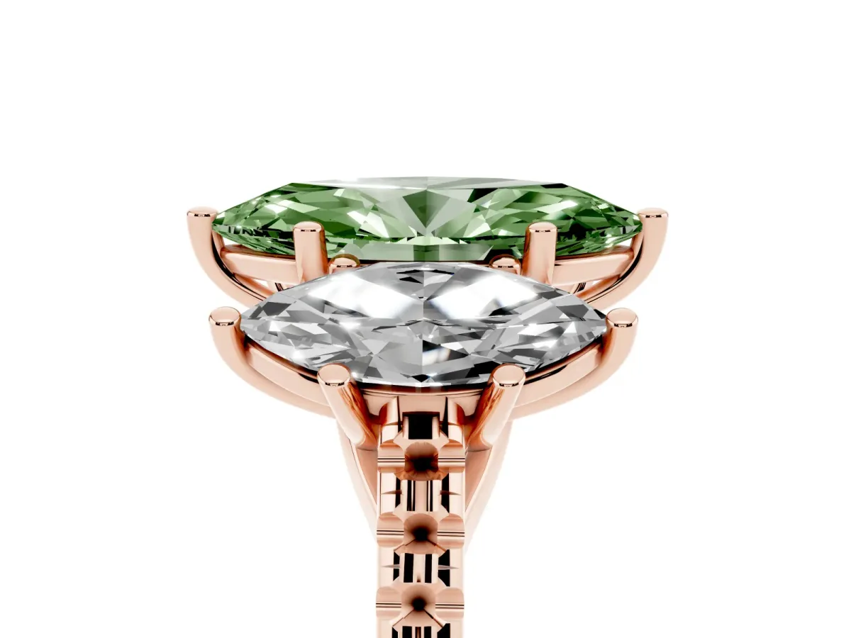 Fancy Green Three-Stone Marquise Cut Diamond Ring with Round Pavé Band and Prong Setting Rose gold