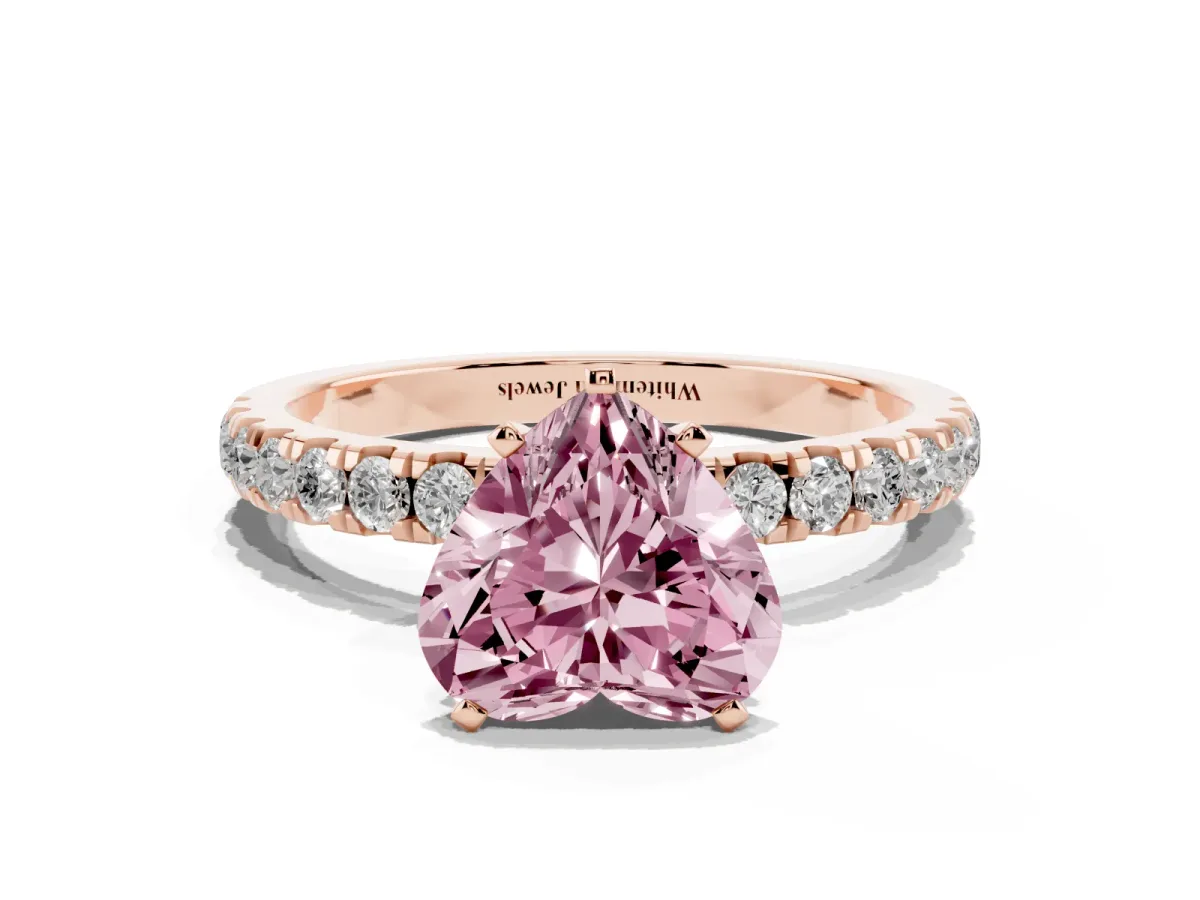 Fancy Pink Heart Cut Diamond Solitaire Ring with Pavé Accents and Four-Prong Setting Rose gold