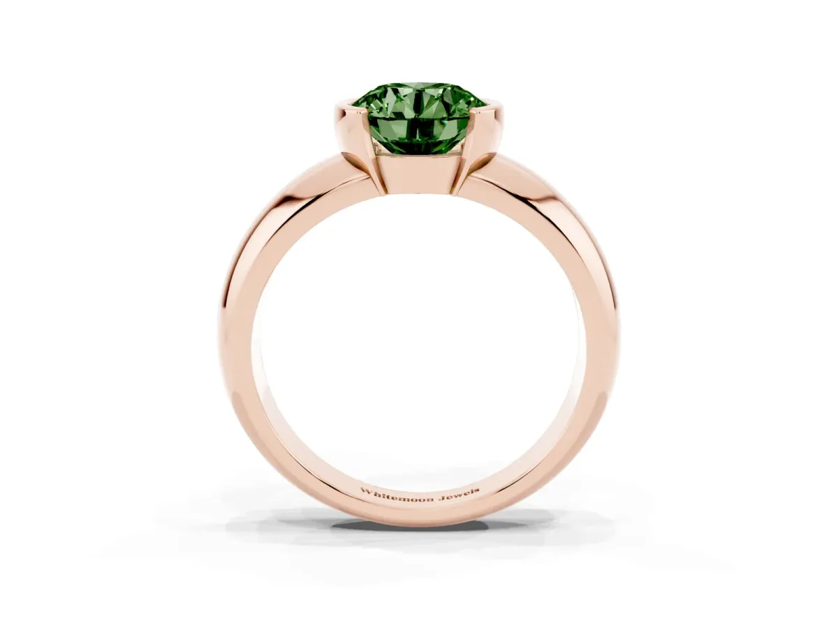 Fancy Green Round Cut Solitaire Tension Set Diamond Ring with Wide Band Rose gold