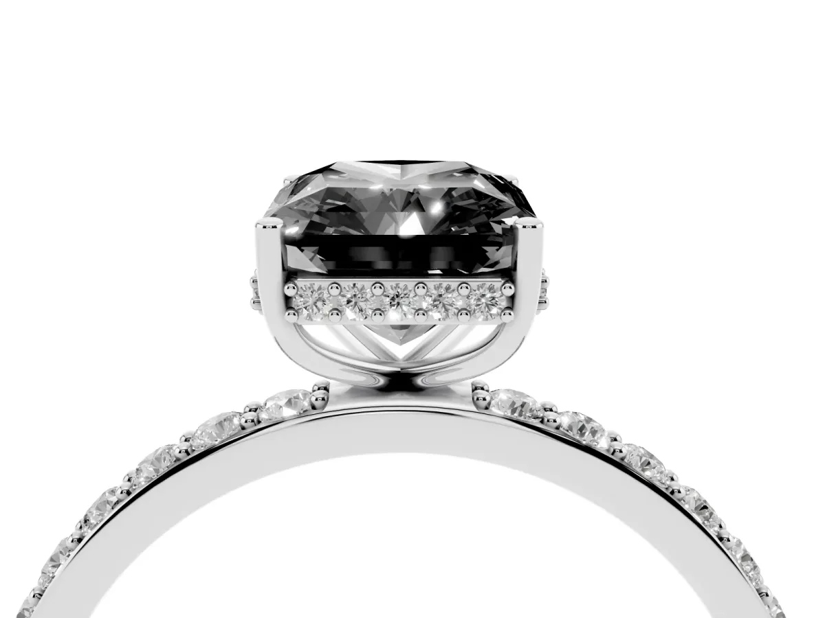 Fancy Black Radiant Cut Diamond Solitaire Ring with Pavé Band and Hidden Halo White gold