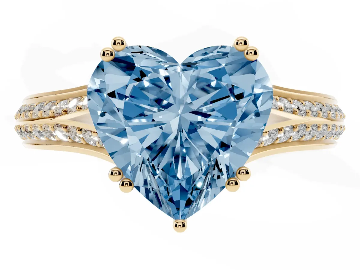 Fancy Blue Heart Cut Diamond Split Shank Engagement Ring with Pavé Band Yellow gold