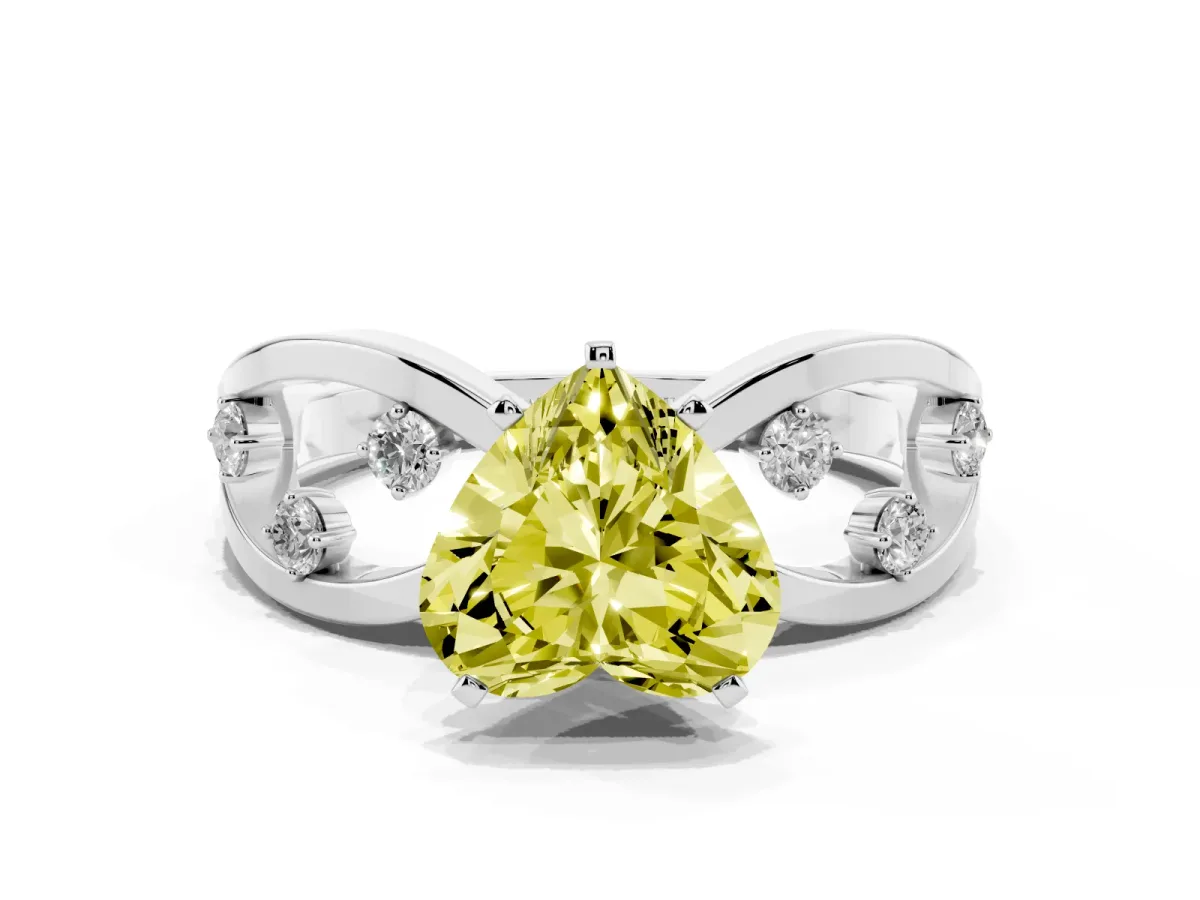 Fancy Yellow Heart Cut Cut Solitaire Diamond with Side Stones on Criss-Cross Band and Four-Prong Setting Silver