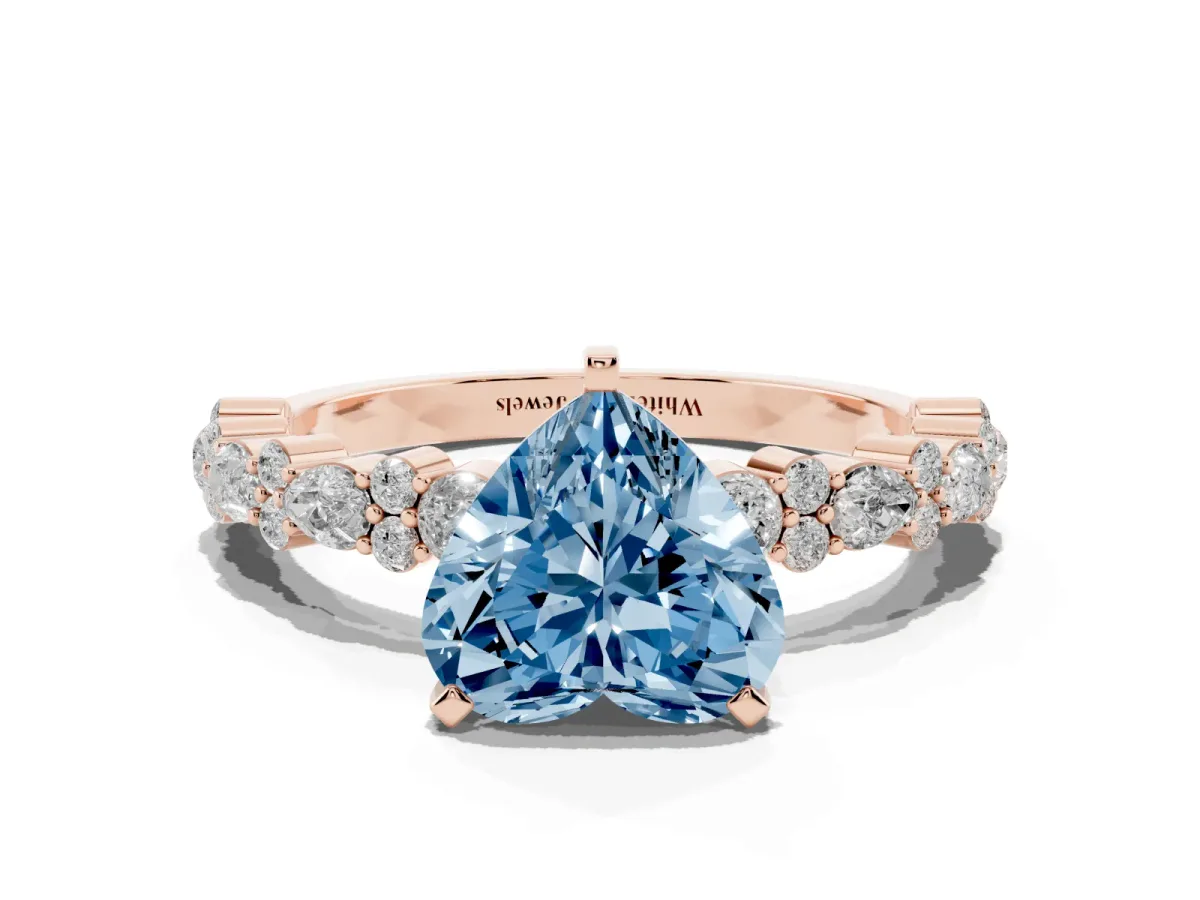 Fancy Blue Heart Cut Diamond Side Stone Solitaire Ring with Round and Four-Prong Setting Rose gold