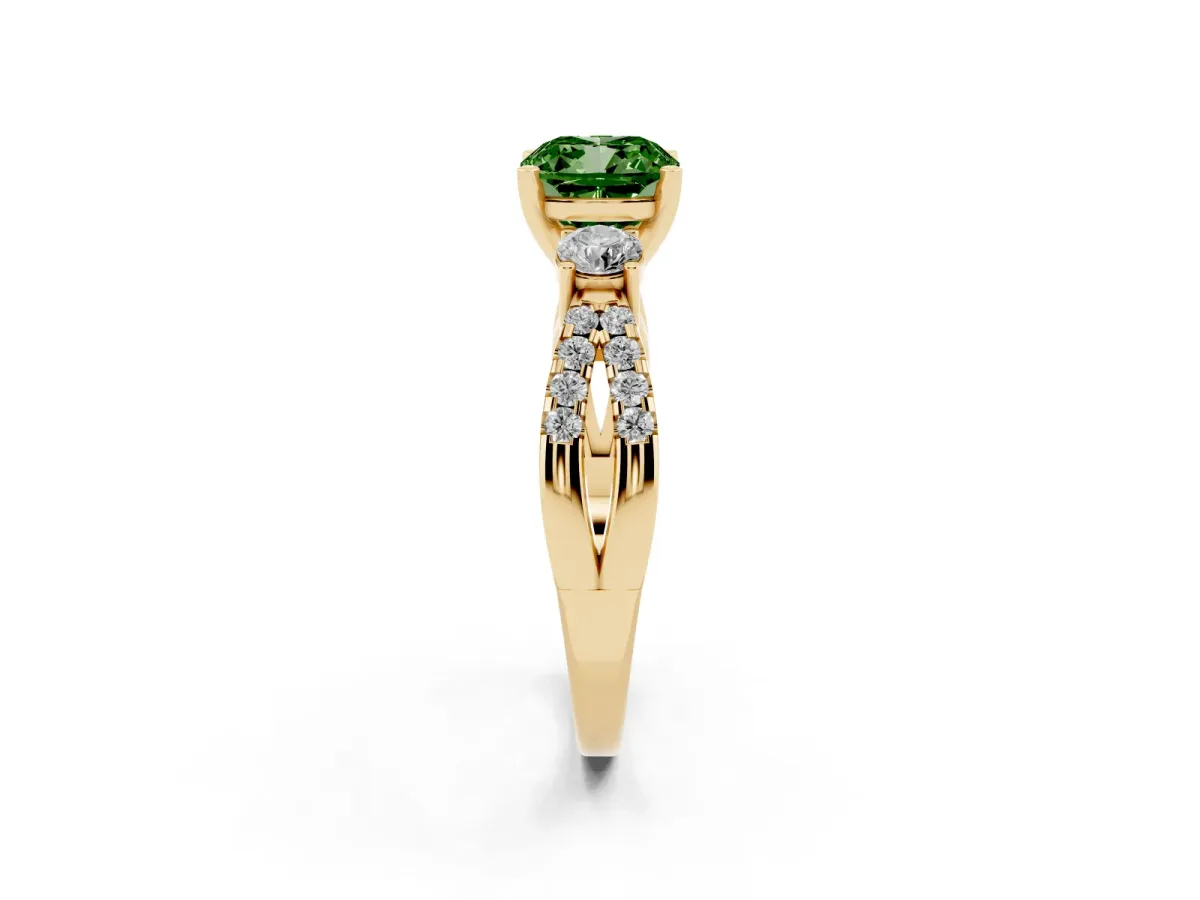 Fancy Green Cushion Cut Diamond Three-Stone Ring with Pavé Split Shank and Four-Prong Setting Yellow gold