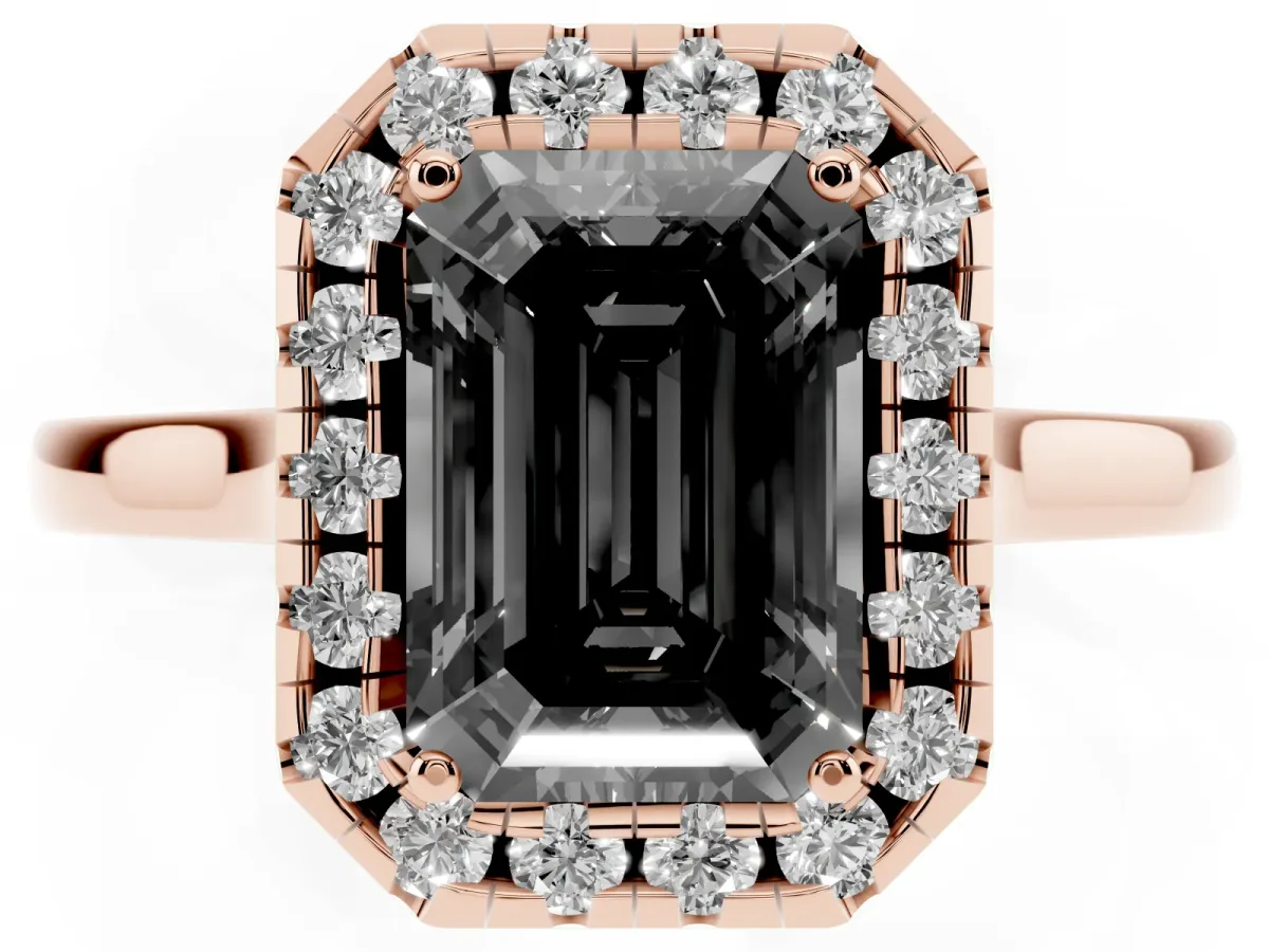 Fancy Black Emerald Cut Halo Round Diamond Solitaire Ring with Pavé Band and Four-Prong Setting Rose gold