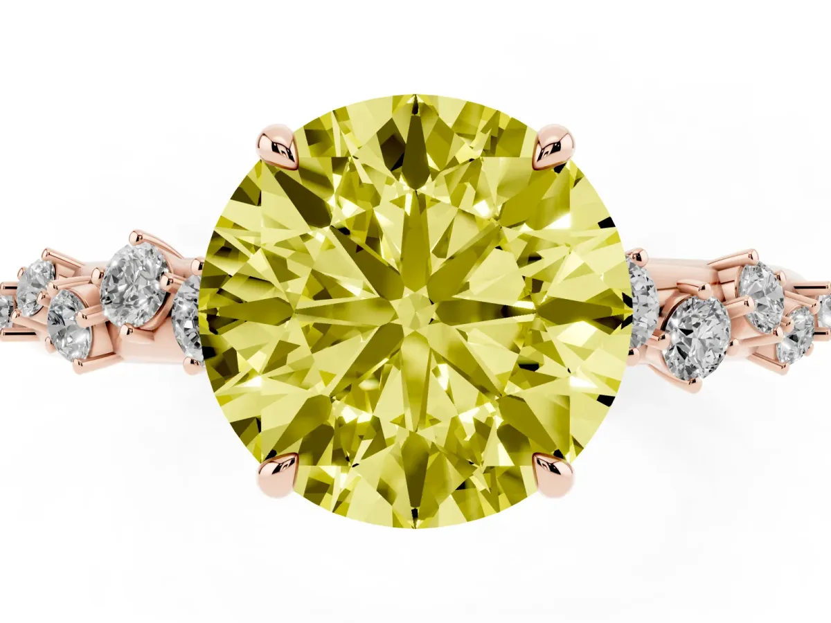Fancy Yellow Round Cut Diamond Cluster Prong-Set Solitaire Ring Rose gold