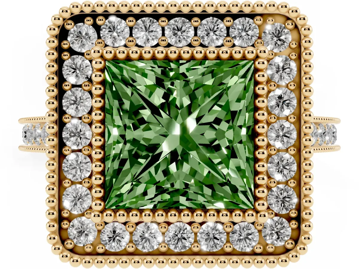 Fancy Green Princess Cut Diamond Halo Ring with Milgrain Frame and Pavé Band Yellow gold