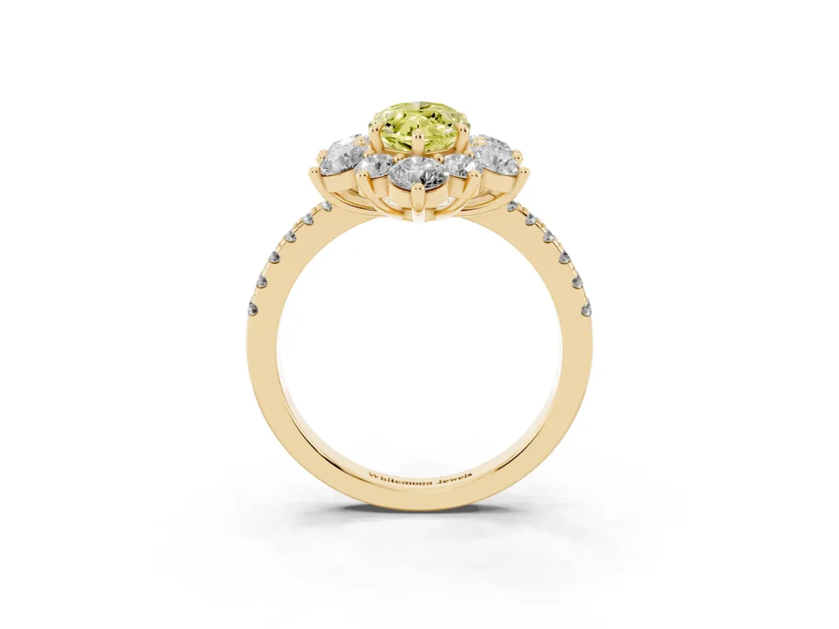 Fancy Yellow Marquise Cut Diamond Floral Halo Ring with Round Pavé Band and Prong Setting Yellow gold