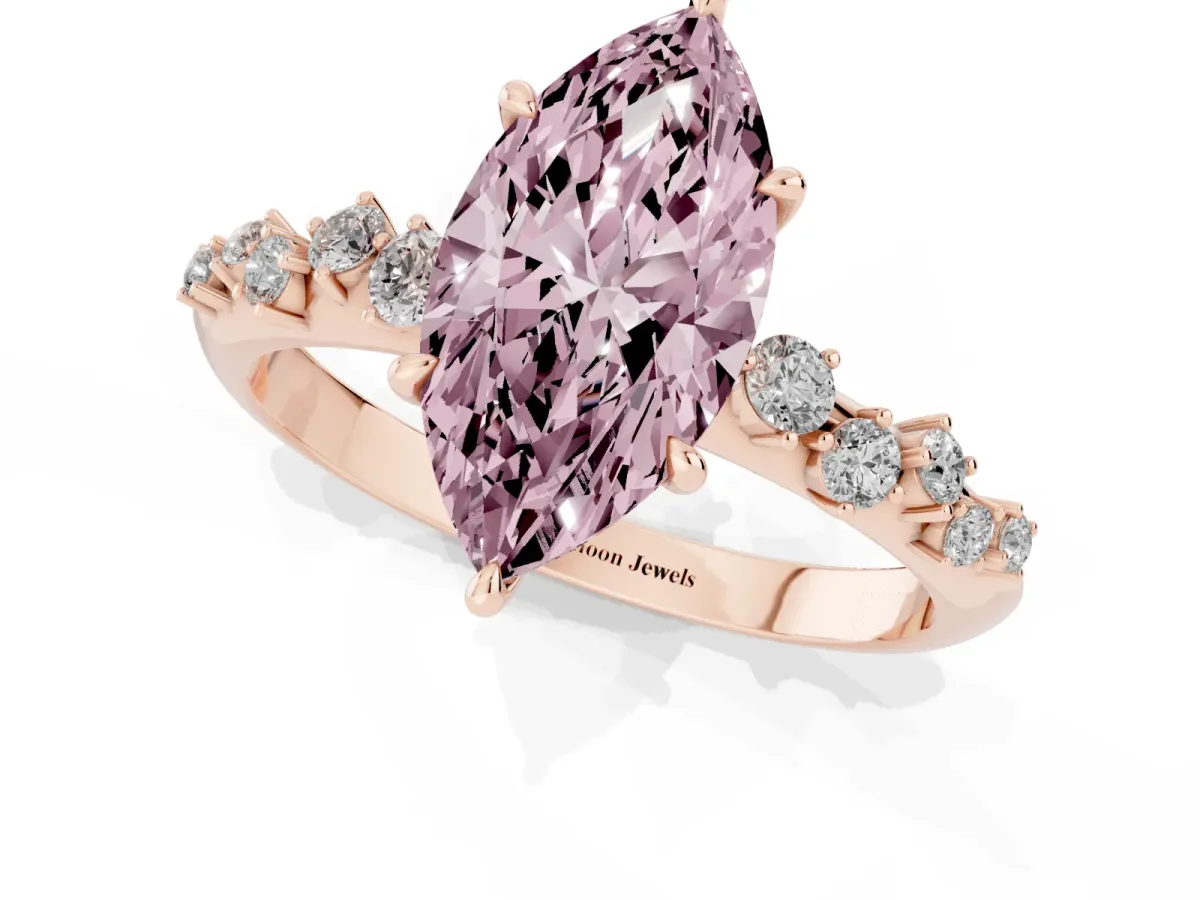 Fancy Pink Marquise Cut Diamond Cluster Side Stone Solitaire Ring with Prong Setting Rose gold