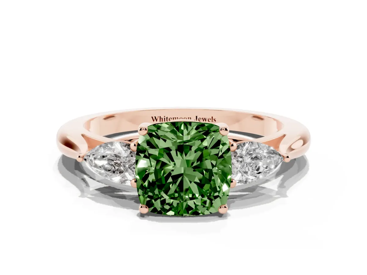 Fancy Green Three-Stone Cushion Cut Brilliant Diamond Solitaire Ring with Tapered Band and Four-Prong Setting Rose gold