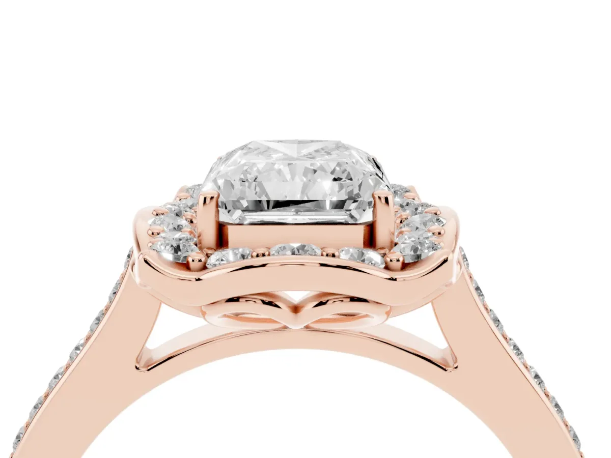 Radiant Cut Halo Round Diamond Pave Band with Four-Prong Setting Rose gold