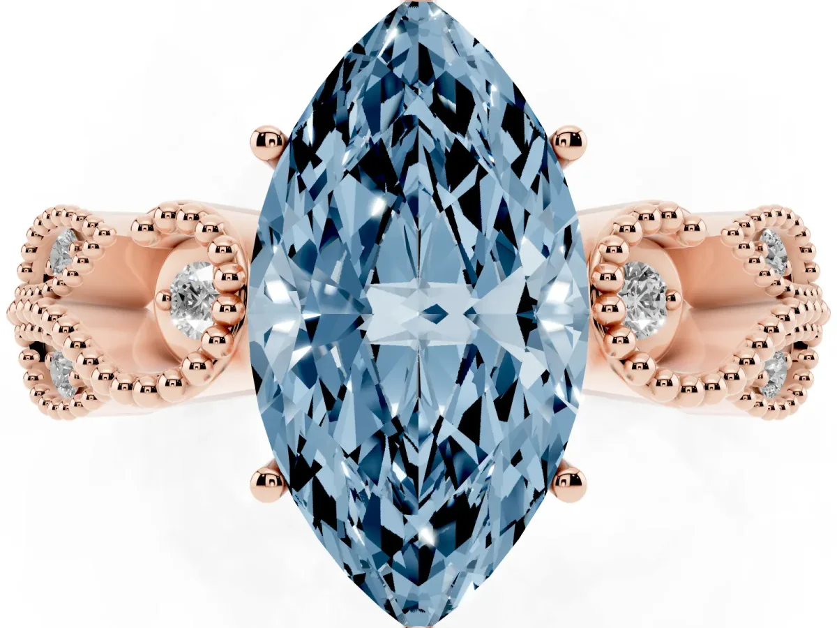 Fancy Blue Marquise Cut Solitaire Milgrain Leaf Band with Prong Setting Rose gold