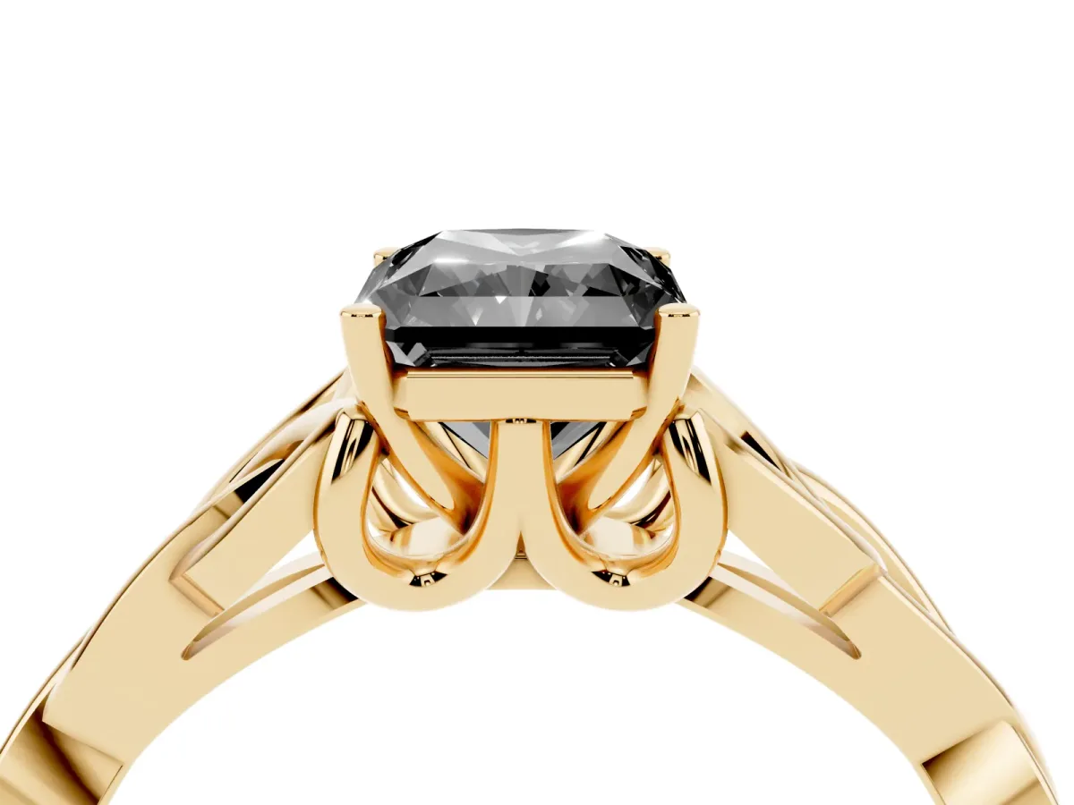 Fancy Black Radiant Cut Diamond Solitaire Engagement Ring with Celtic Knot Band and Four-Prong Setting Yellow gold