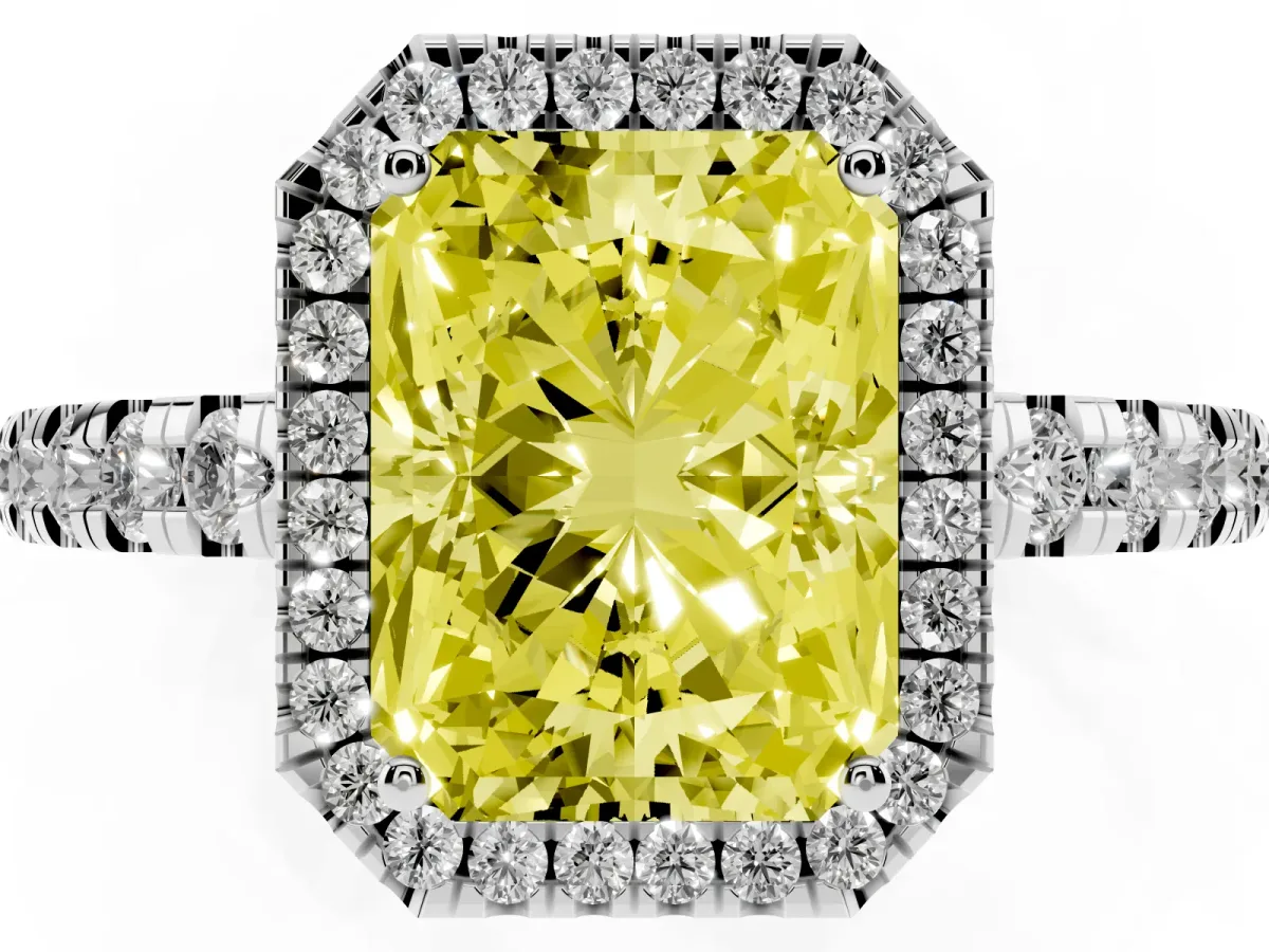 Fancy Yellow Radiant Cut Diamond Halo Ring with Pavé Band and Four-Prong Setting White gold