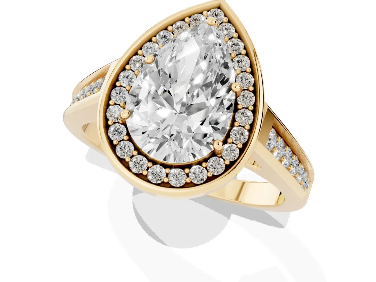 Pear Cut Halo Solitaire Diamond Ring with Pave Band and Bezel Setting Yellow gold