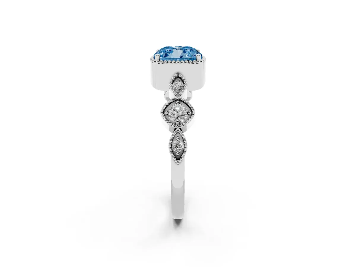 Fancy Blue Cushion Cut Diamond Vintage Milgrain Ring with Round Stations Platinum