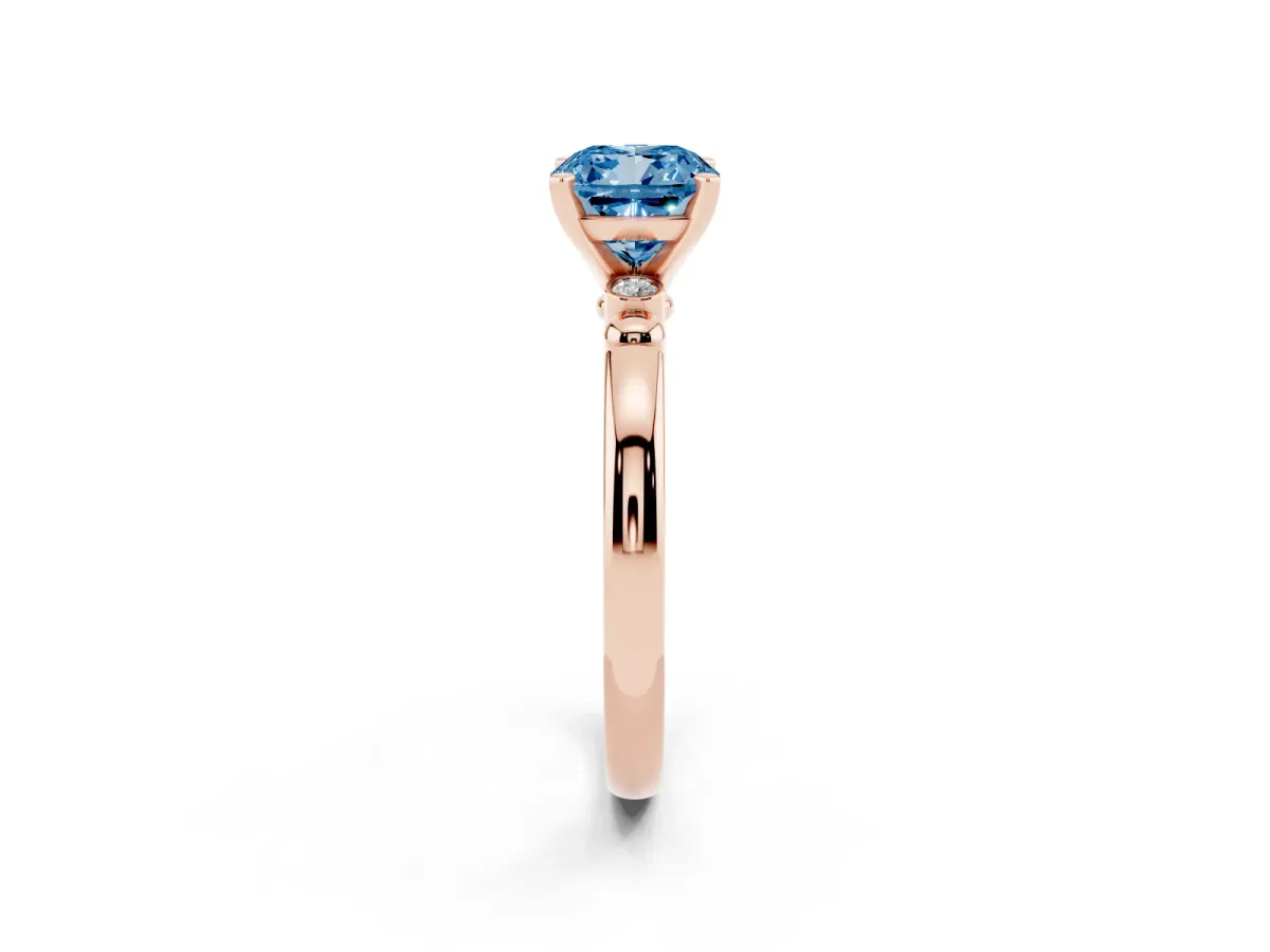 Fancy Blue Cushion Cut Solitaire Beaded Band with Four-Prong Setting Rose gold