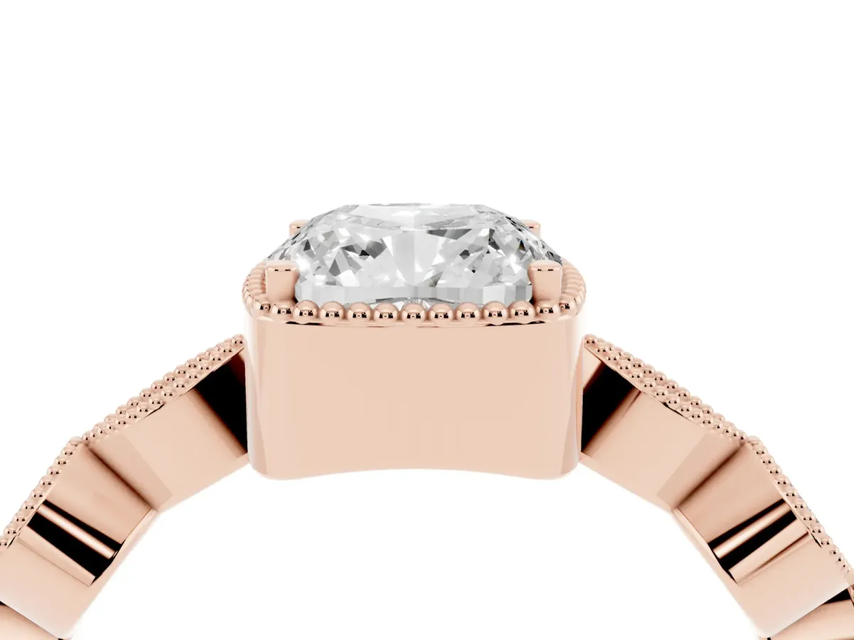 Cushion Cut Diamond Vintage Milgrain Ring with Round Stations Rose gold